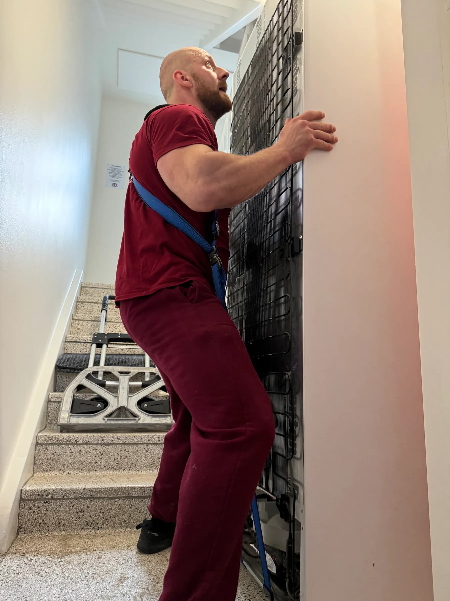 A mover in a carrying harness hauls a fridge up a staircase with a hand truck behind him.
